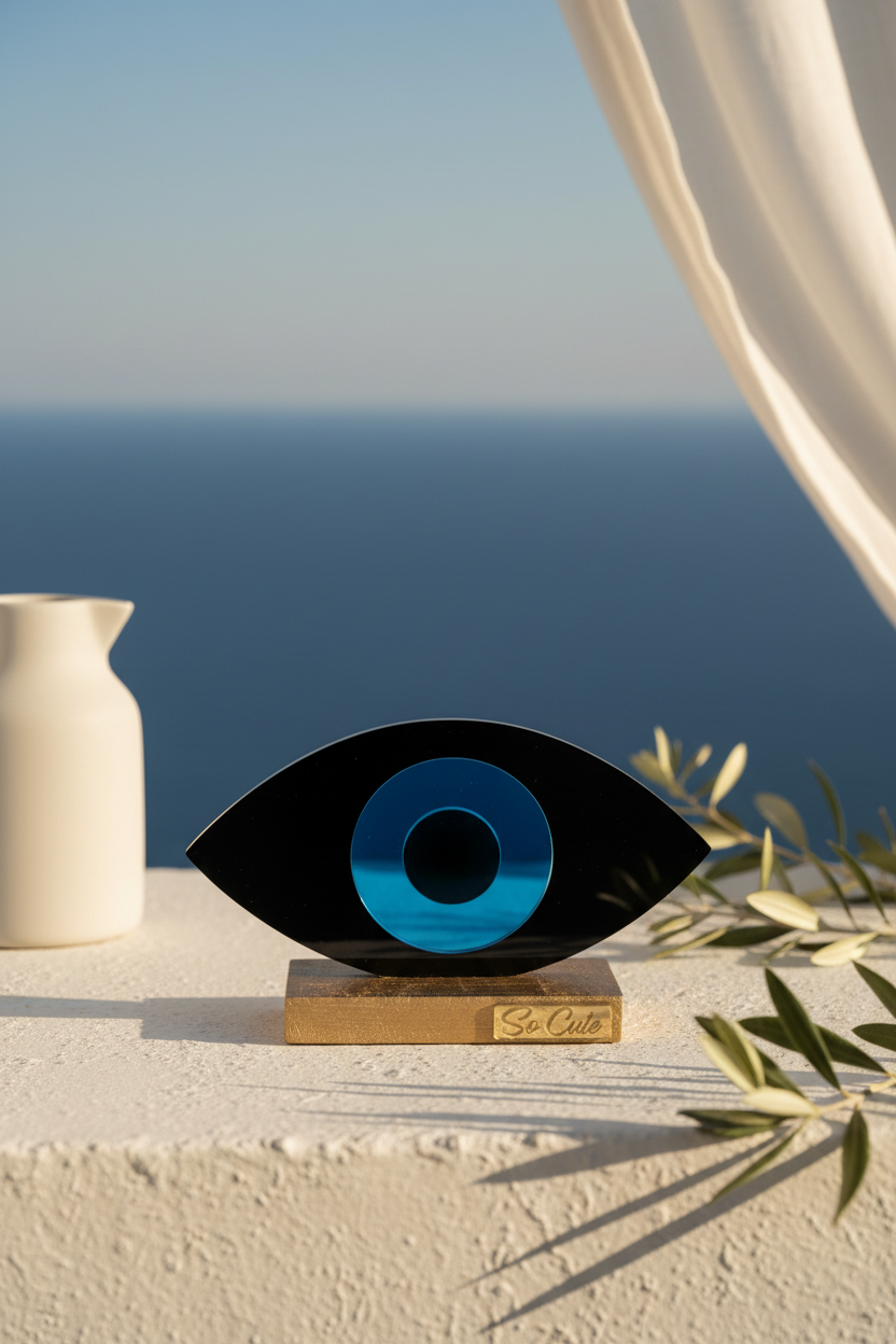 Decorative eye sculpture with blue center on a white surface near a body of water