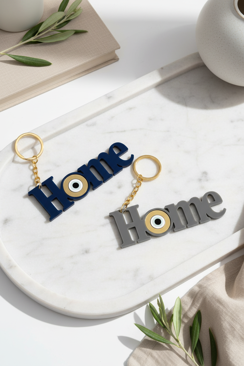 Χειροποίητο μπρελόκ HOME από plexiglass με μάτι σε χρυσό καθρέφτη – So Cute by Dimi