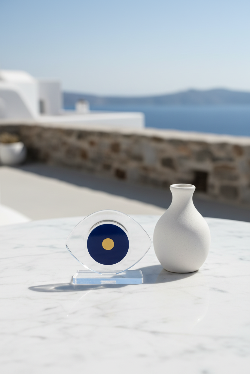 Navy evil eye plexiglass decor small size with gold detail in Mykonos luxury setting – So Cute by Dimi