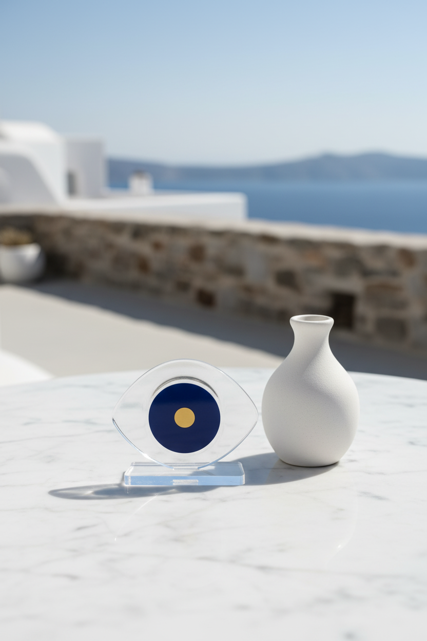 Navy evil eye plexiglass decor small size with gold detail in Mykonos luxury setting – So Cute by Dimi