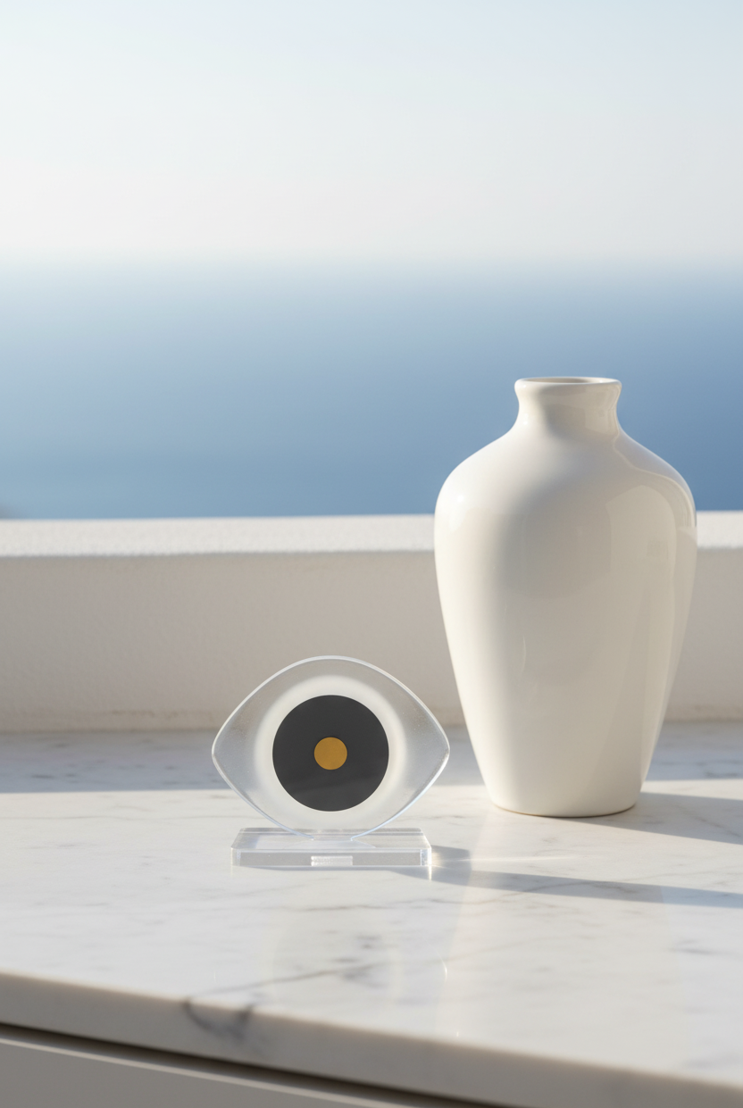 Small plexiglass evil eye decor with ceramic vase in Greek chic setting – So Cute by Dimi