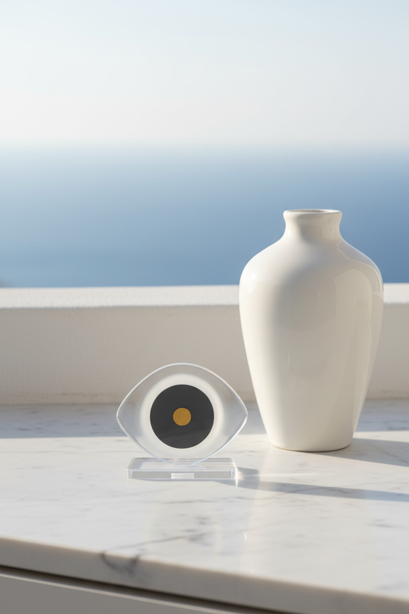 Small plexiglass evil eye decor with ceramic vase in Greek chic setting – So Cute by Dimi