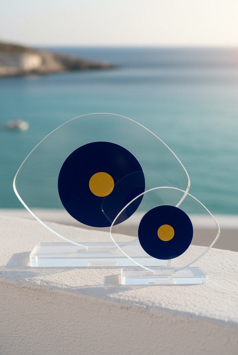 Navy evil eye plexiglass decor large and small size with gold detail in minimal Greek setting – So Cute by Dimi