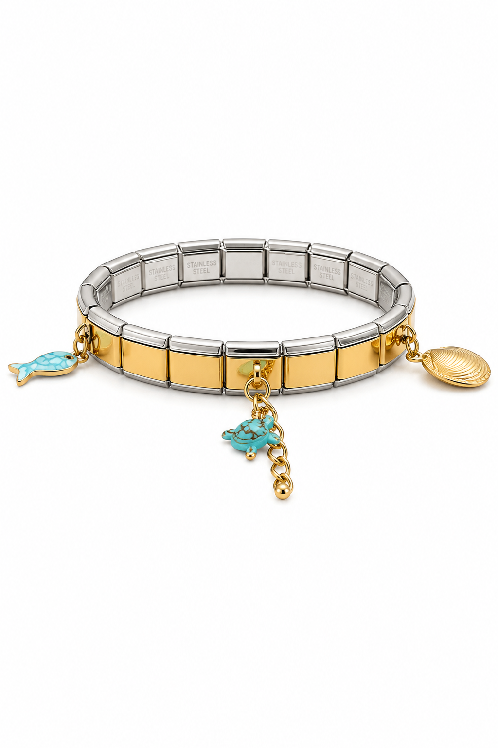 So Cute By Dimi Island Charms Bracelet με ελαστική ατσάλινη βάση, χρυσά θαλασσινά charms, αστερία, ιππόκαμπο, κοχύλι και τιρκουάζ λεπτομέρειες