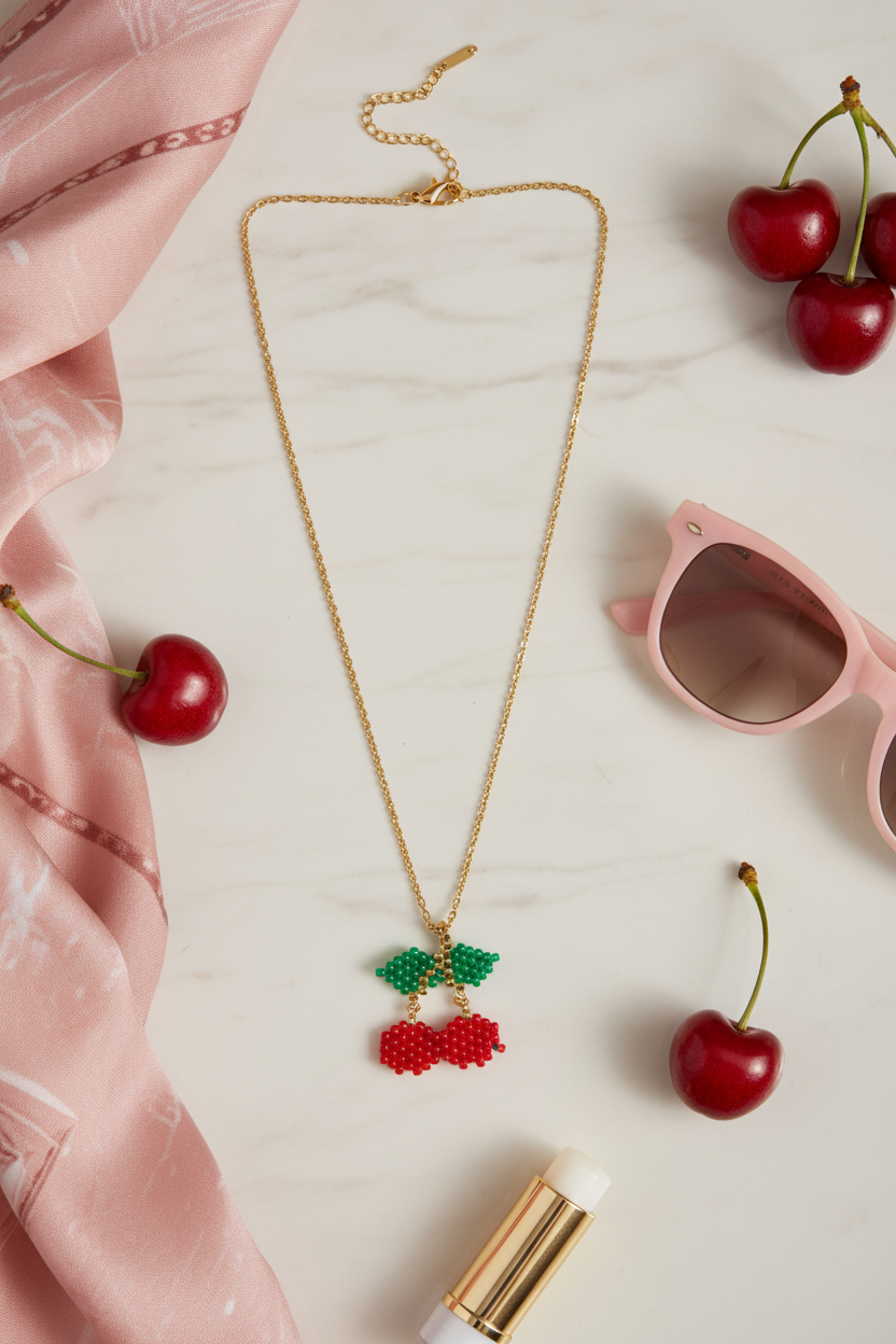 Κολιέ cherry Miyuki με κερασάκια σε flatlay με καλοκαιρινά girly props και φρέσκα κεράσια