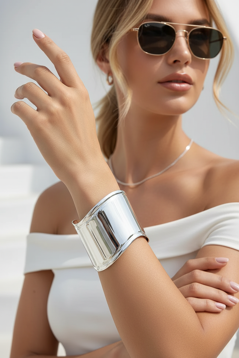 Φορεμένο Liquid Cuff Bracelet σε ασημί χρώμα, ατσάλινο φαρδύ βραχιόλι χειροπέδα