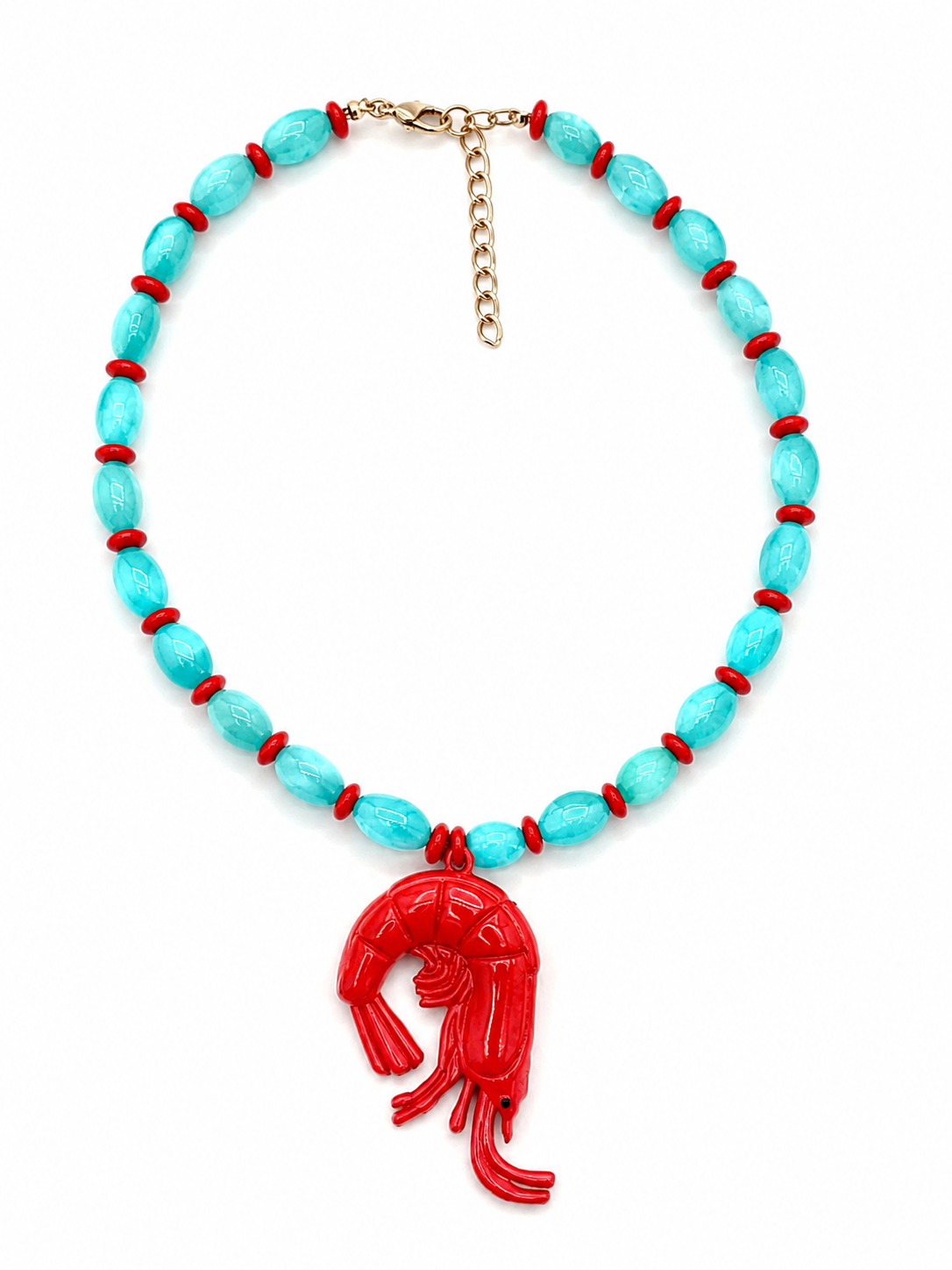 Lobster Crush κολιέ με turquoise χάντρες και κόκκινο lobster pendant σε Mediterranean summer αισθητική