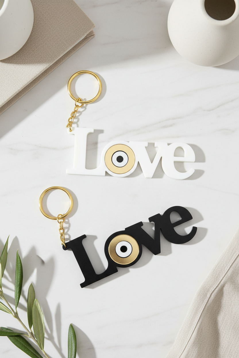 σετ μπρελοκ love μαυρο και λευκο με ματι σε μαρμαρινο φοντο