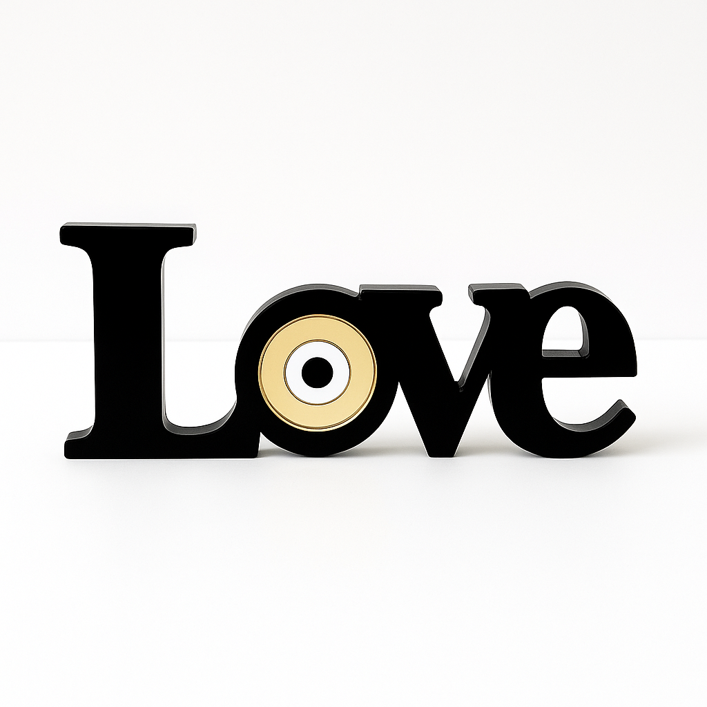Επιτραπέζιο διακοσμητικό LOVE από plexiglass με χρυσό μάτι και μαύρη βάση