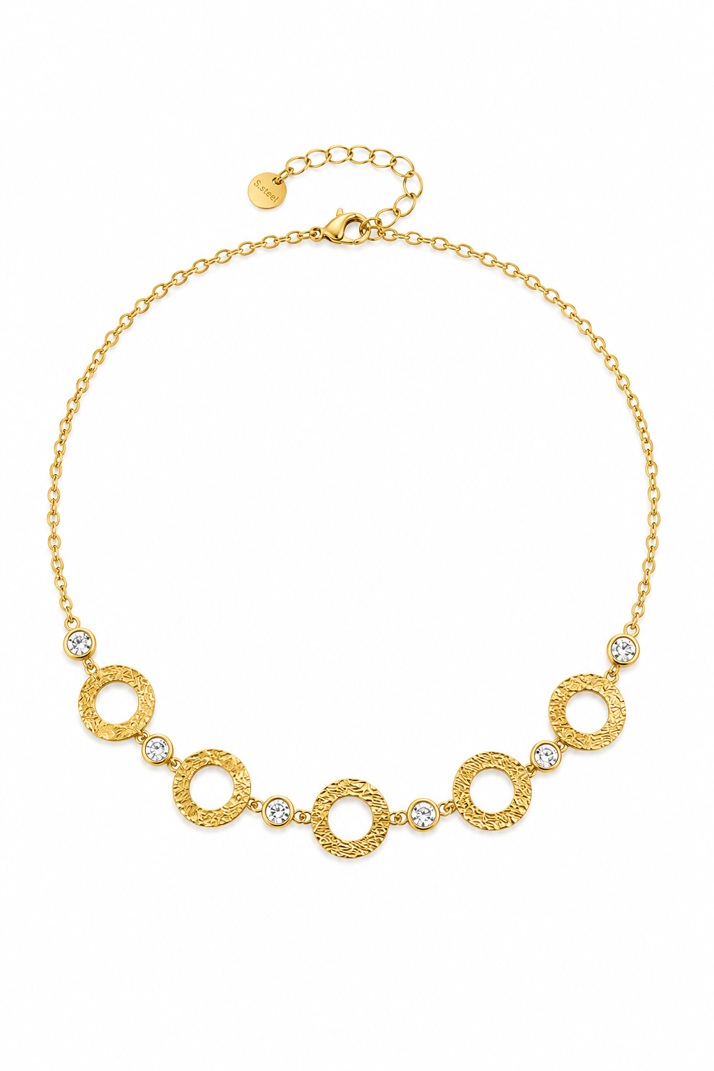 Luce Necklace ατσάλινο κολιέ με ανάγλυφους κύκλους και ζιργκόν σε χρυσό χρώμα | So Cute by Dimi