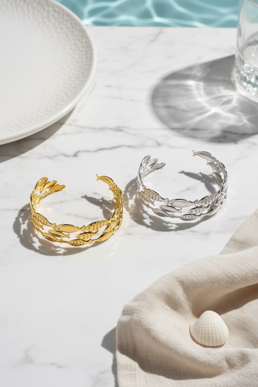 Gold and silver stainless steel bracelet with fish designs on a summer background, So Cute by Dimi