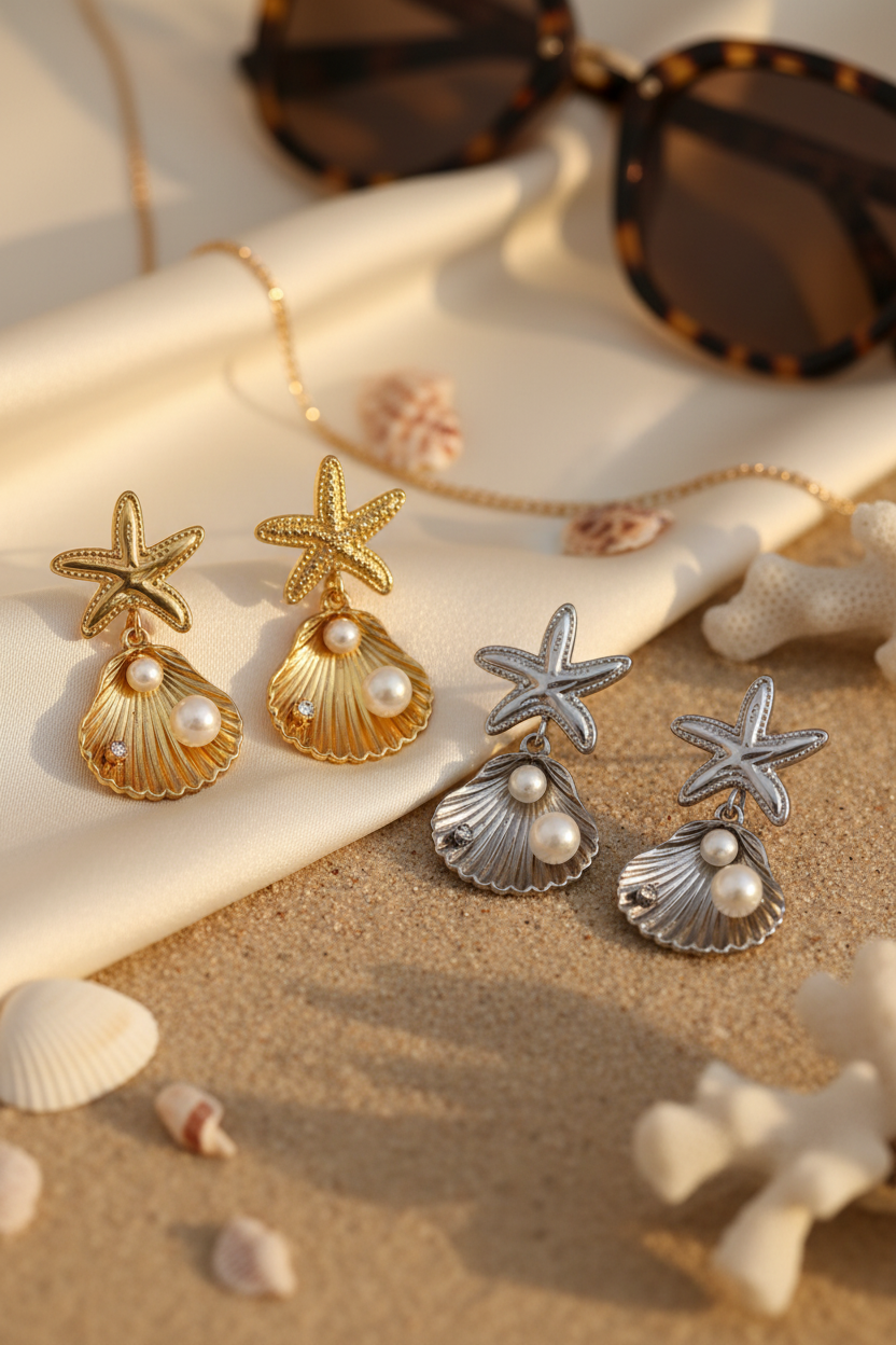 Pair of starfish and shell stainless steel earrings on a sandy surface with shells and sunglasses in the background, So Cute by DImi