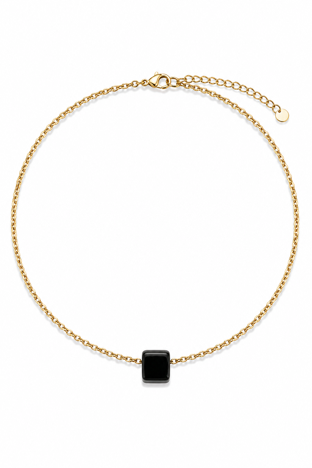 Gold steel chain necklace with a black square pendant on a white background