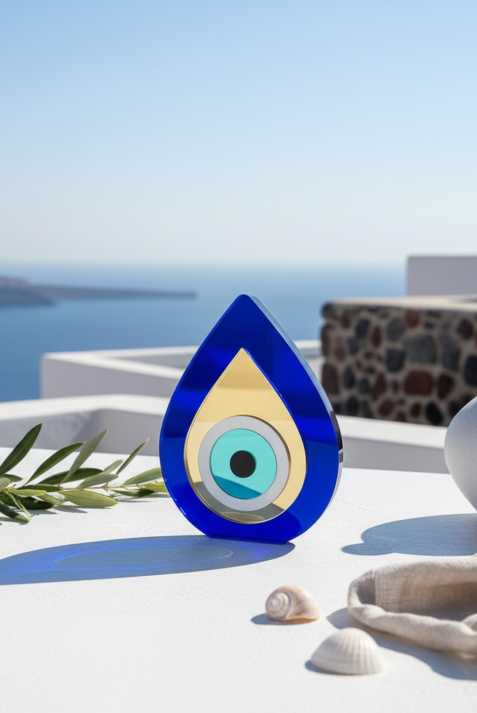 Plexiglass teardrop evil eye decor Milos on white terrace with Aegean sea background.