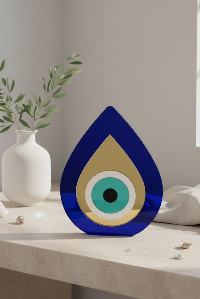 Blue and gold plexiglass teardrop evil eye ornament displayed indoors with olive branch vase.
