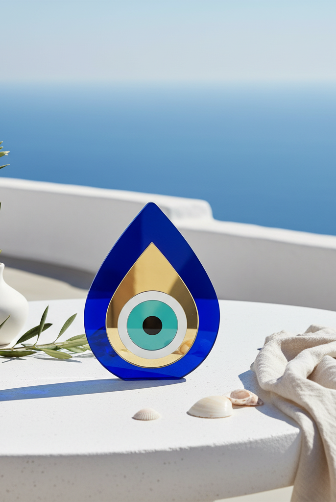 Teardrop evil eye decor Milos in blue and gold plexiglass on a Cycladic terrace with sea view.