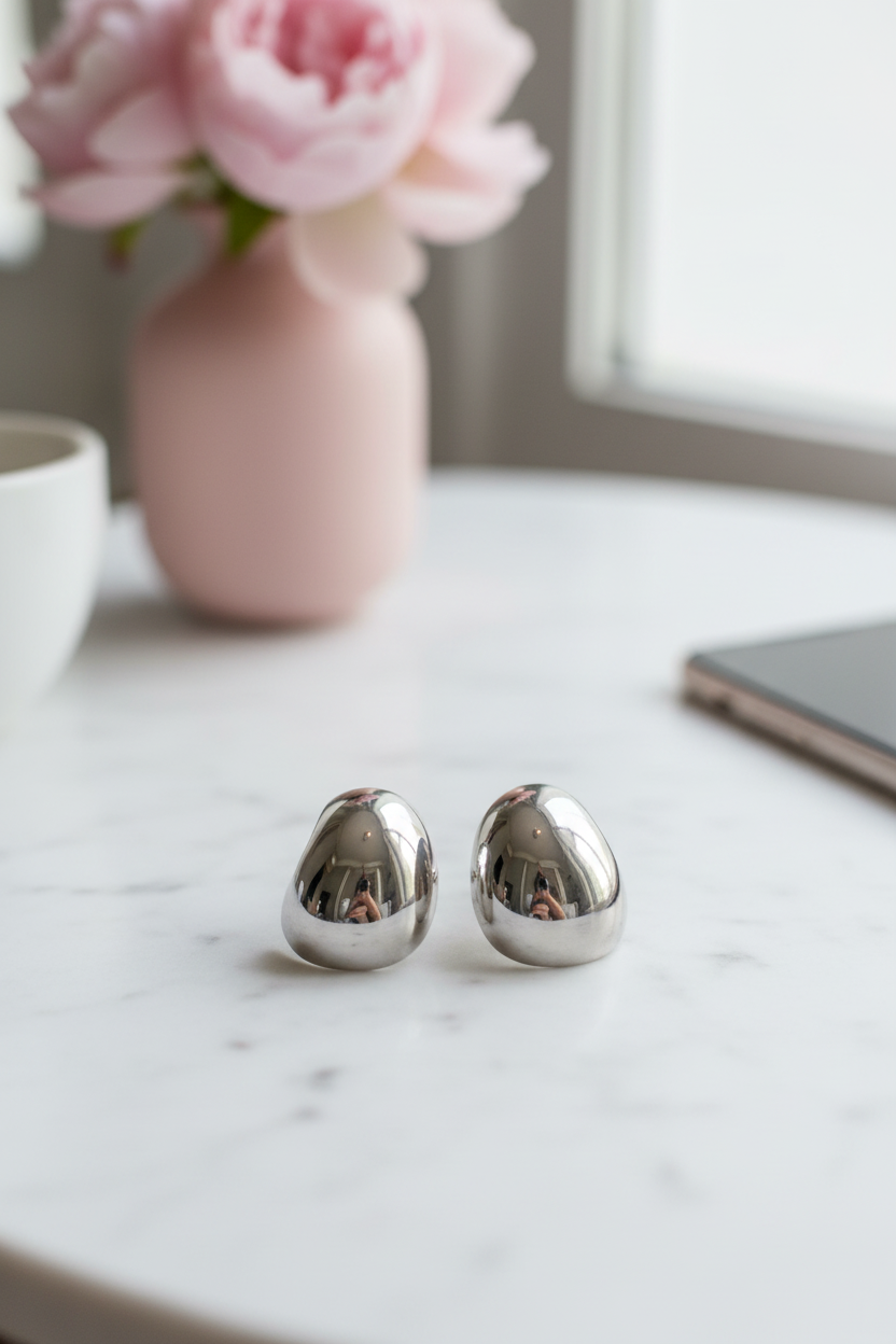 Mirelle Dome Earrings ασημί ατσάλινα σκουλαρίκια ear nail σε marble τραπέζι με καφέ minimal αισθητική So Cute by Dimi