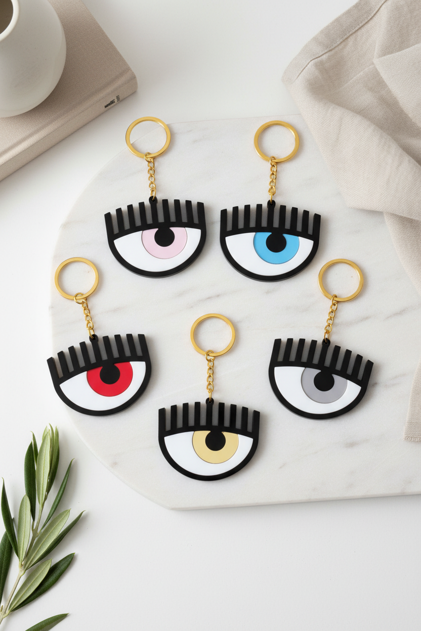 Eye-shaped keychains on a marble surface with a cup and plant in the background