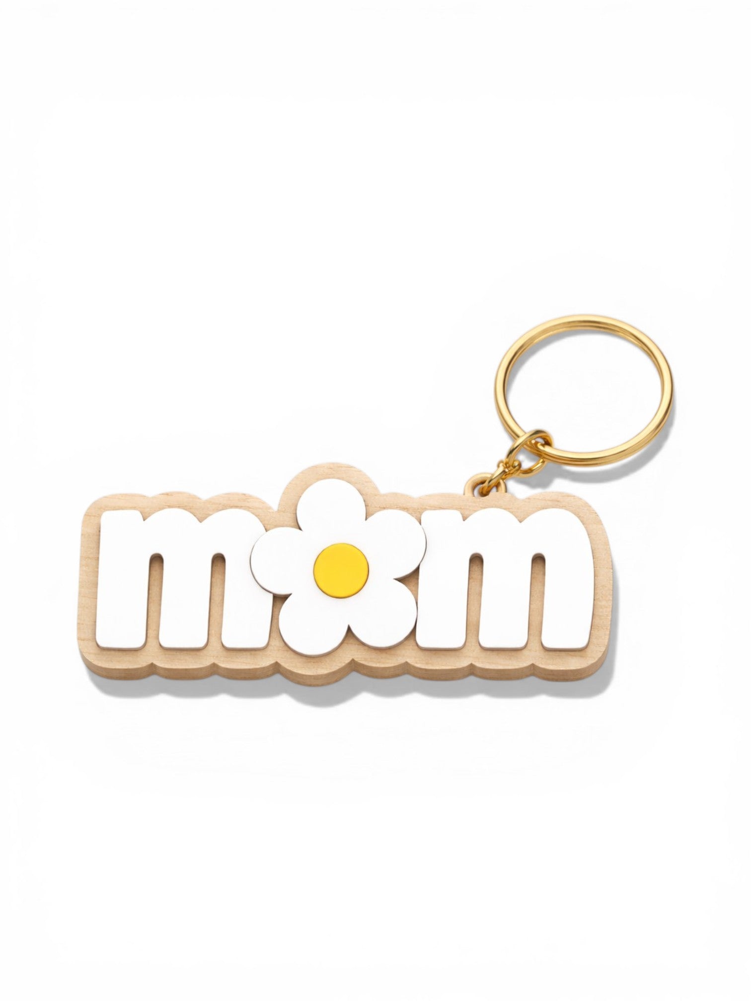 μπρελόκ mom ξύλινο με μαργαρίτα λευκό plexiglass κίτρινο κέντρο δώρο για μαμά