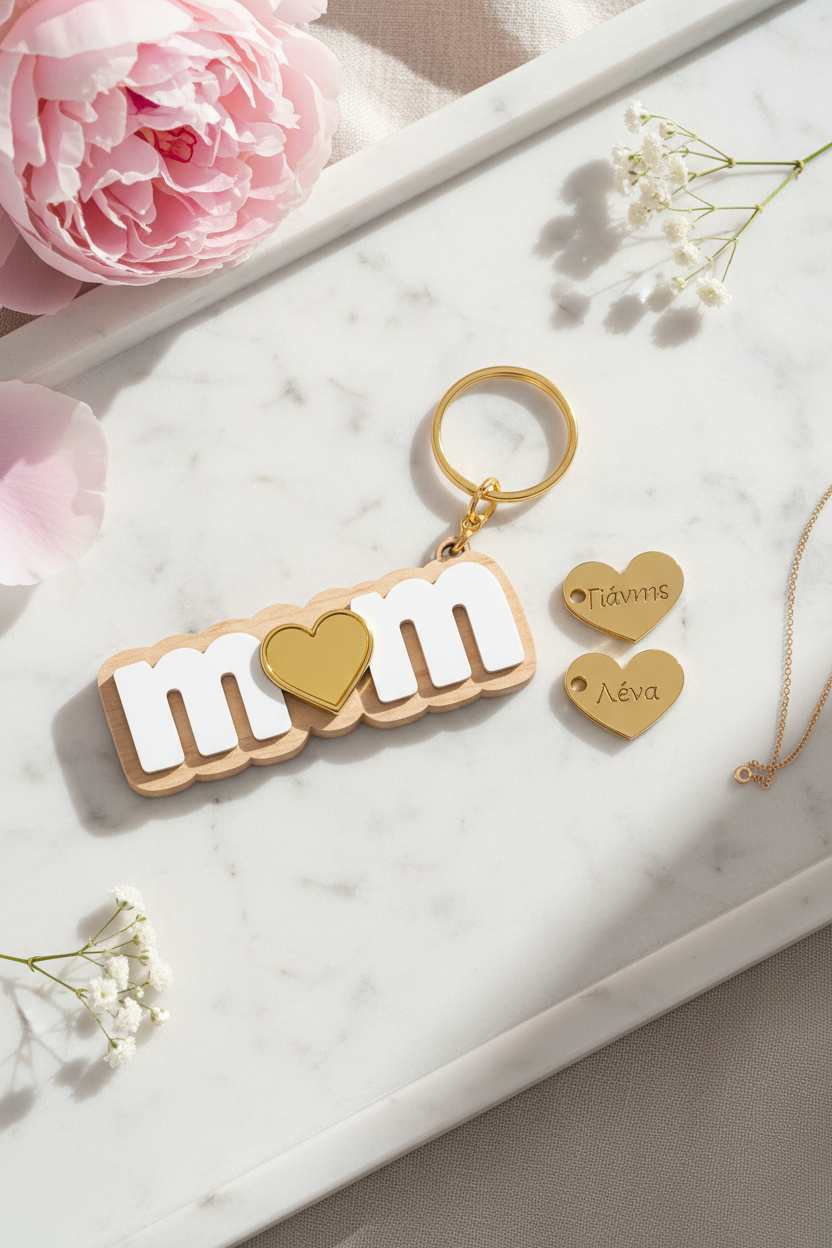 μπρελοκ mom με χρυση καρδια και κρεμαστες καρδιες με ονοματα παιδιων προσωποποιημενο δωρο για μαμα