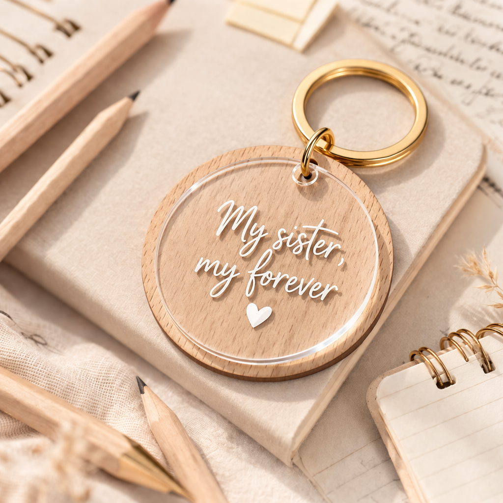 Χειροποίητο μπρελόκ My Sister My Forever από ξύλο και διάφανο plexiglass με λευκή χάραξη και χρυσό κρίκο