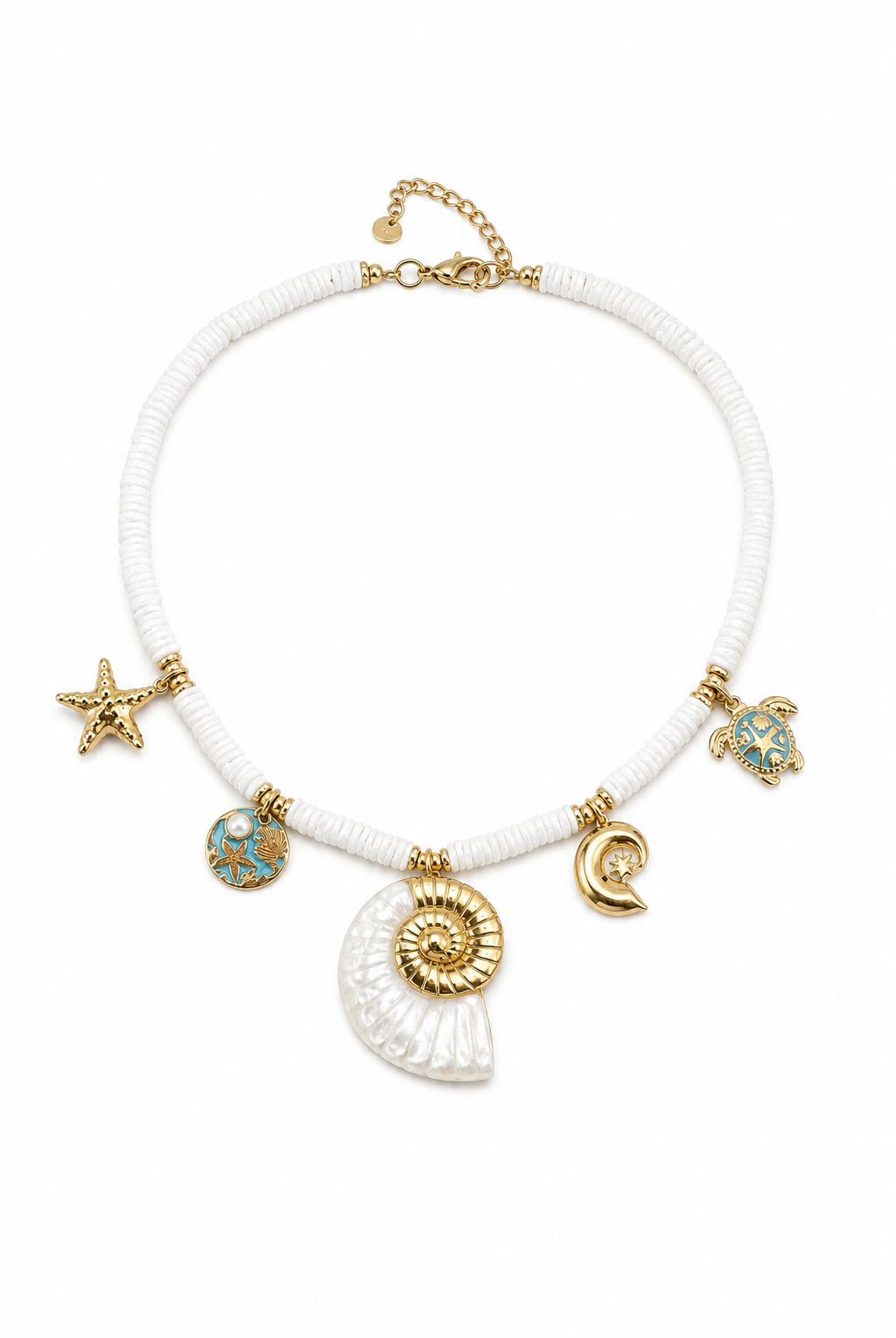 So Cute By Dimi Nautilus Charms Necklace με λευκές heishi χάντρες, ναυτίλο 4,5 εκ. και χρυσά θαλασσινά charms