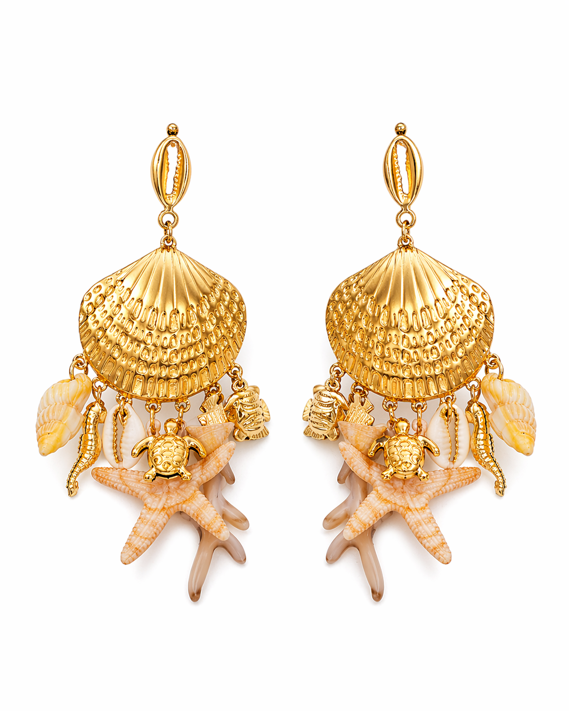 Gold shell and sea-themed earrings on a white background