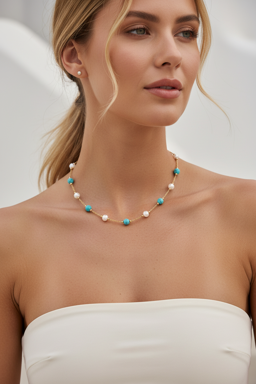 A close-up of a woman wearing a delicate gold necklace with turquoise and white pearl-like beads, paired with a white strapless top.