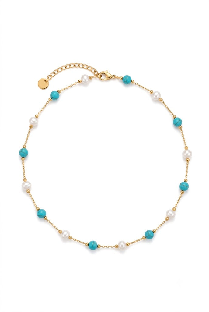 Ocean Pearl Necklace ατσάλινο κολιέ με λευκές πέρλες και τιρκουάζ χάντρες σε χρυσή αλυσίδα