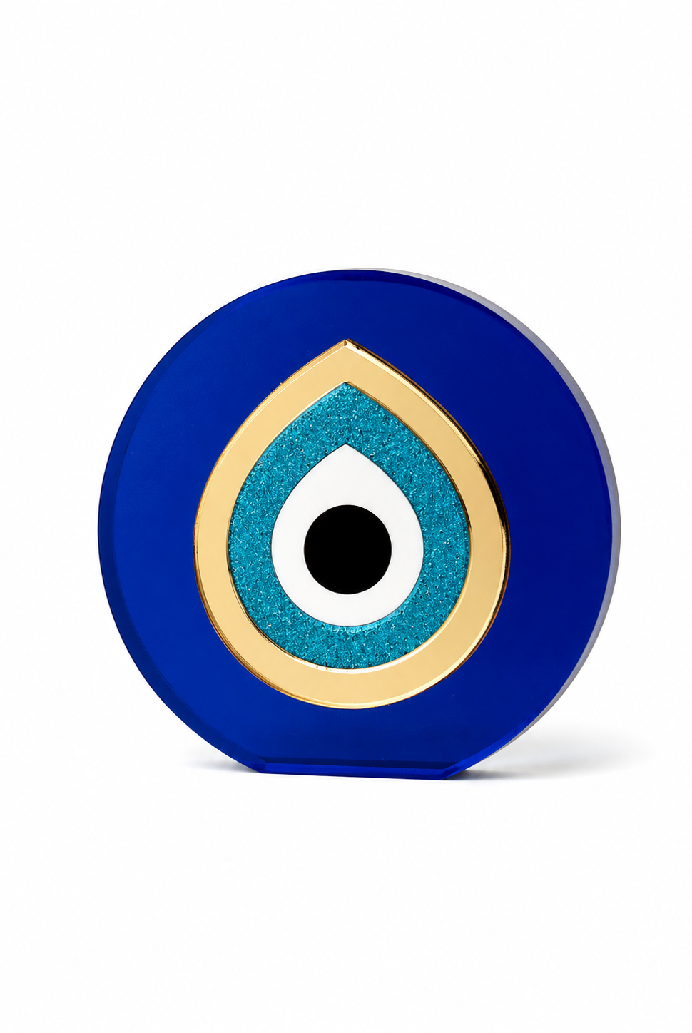 Paros Eye round tabletop evil eye decor in cobalt blue plexiglass and gold mirror acrylic on white background by So Cute by Dimi