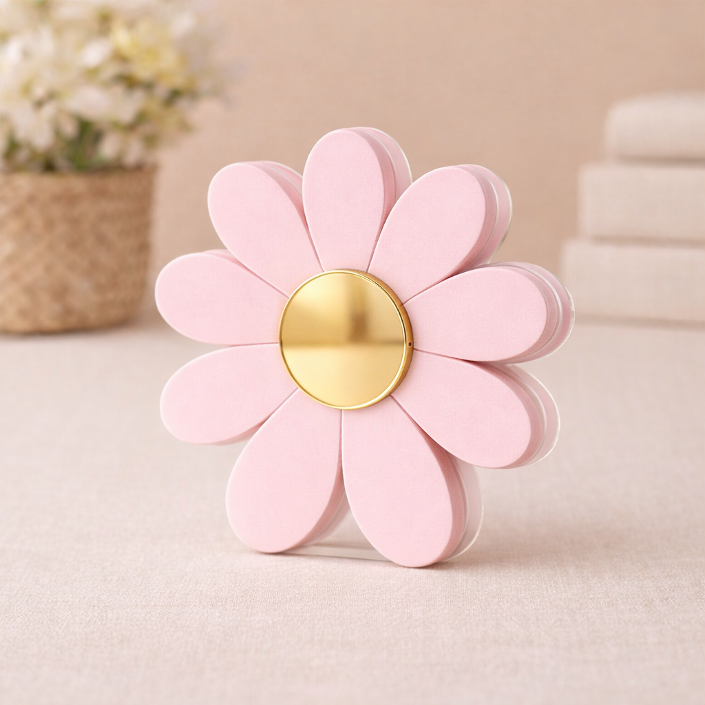minimal acrylic daisy flower decor pink plexiglass with gold mirror center spring decoration