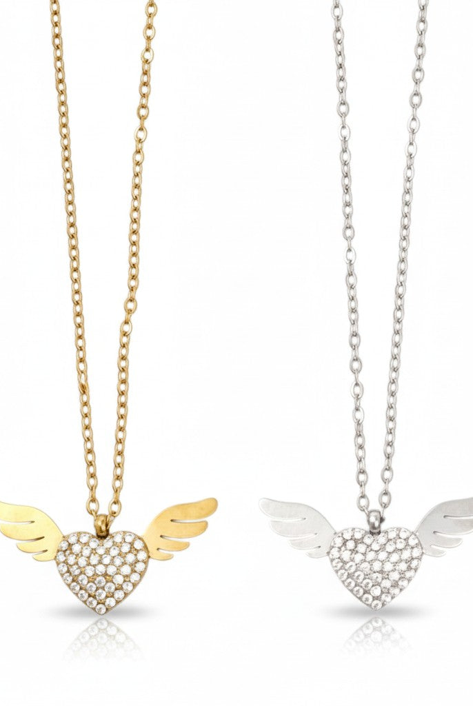 Stainless steel angel wing heart necklace with rhinestones in gold and silver – So Cute by Dimi.
