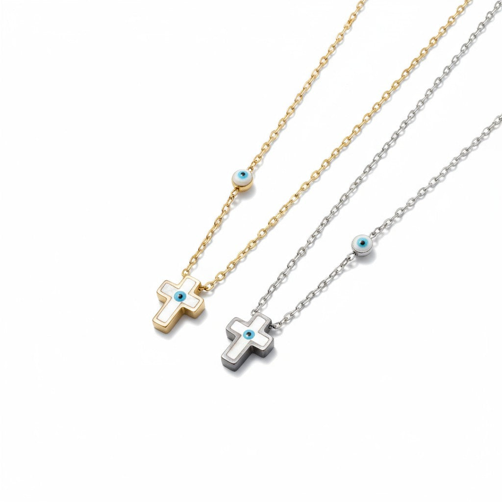 Mini Cross Eye Necklace – Ατσάλινο Κολιέ με Σμάλτο & Ματάκι | So Cute by Dimi