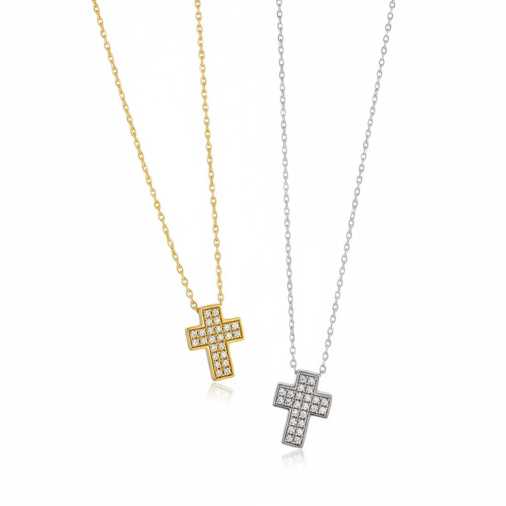 Luxe Pavé Cross Necklace – Ατσάλινο Κολιέ Σταυρός με Ζιργκόν | So Cute by Dimi