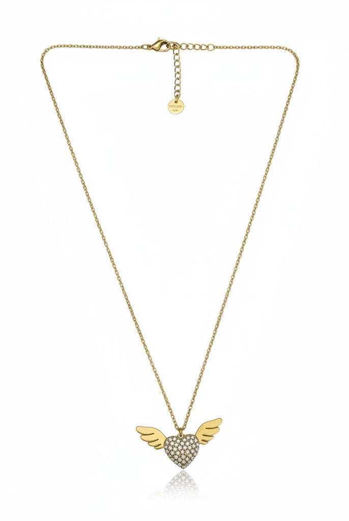 Stainless steel angel wing heart necklace with rhinestones in gold – So Cute by Dimi.