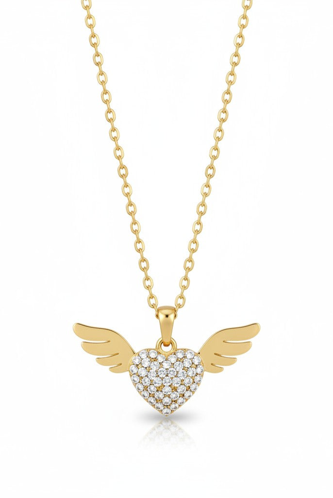 Stainless steel angel wing heart necklace with rhinestones in gold – So Cute by Dimi.