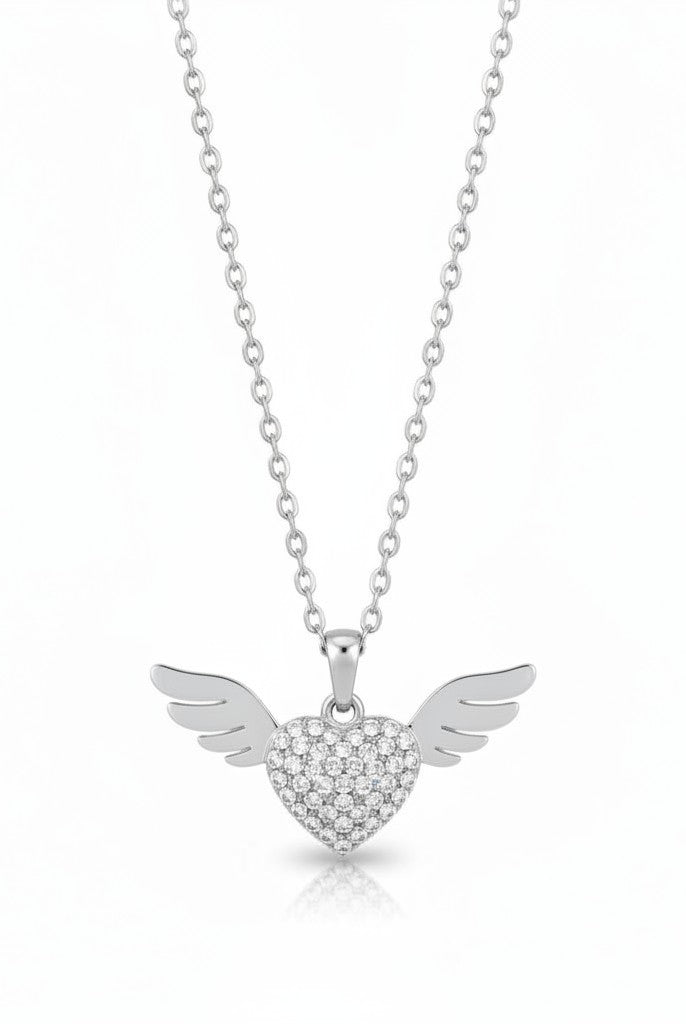 Stainless steel angel wing heart necklace with rhinestones in silver – So Cute by Dimi.