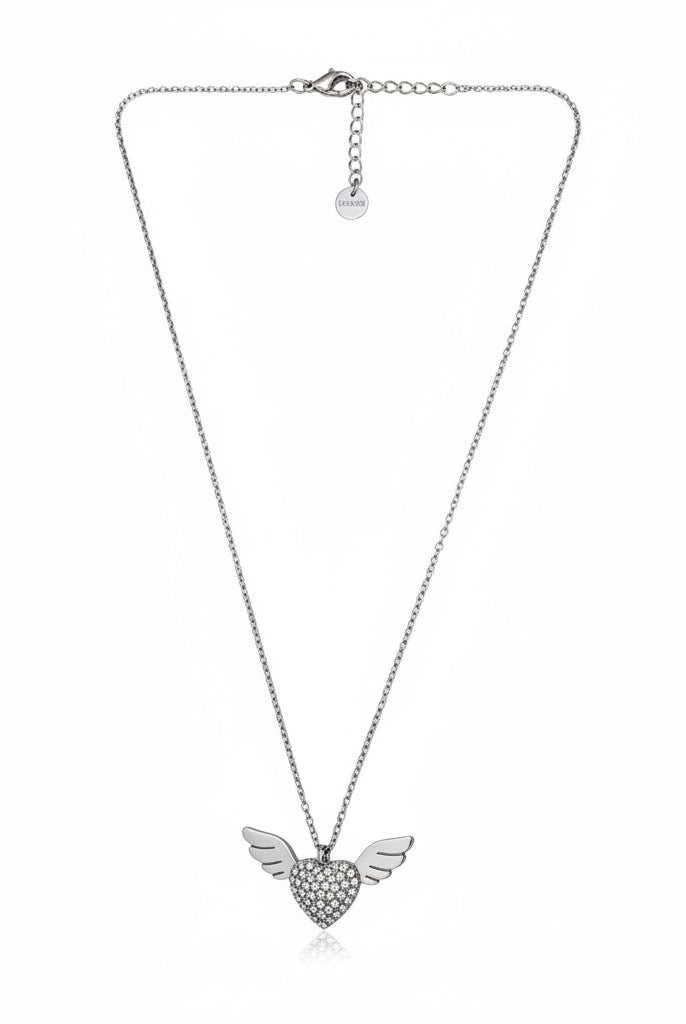 Stainless steel angel wing heart necklace with rhinestones in silver – So Cute by Dimi.