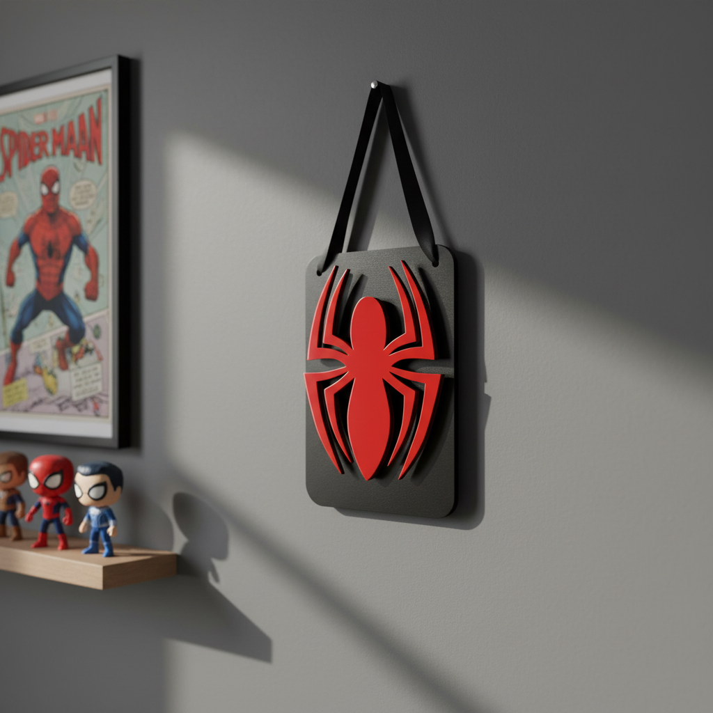Χειροποίητο καδράκι Spiderman-style με κόκκινη πλεξιγκλάς αράχνη πάνω σε μαύρη ξύλινη βάση, 25×17 εκ.