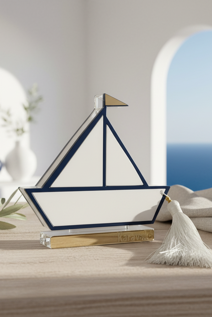 Χειροποίητο επιτραπέζιο γούρι καραβάκι από πλεξιγκλάς με μπλε, λευκές και χρυσές λεπτομέρειες, So Cute by Dimi.