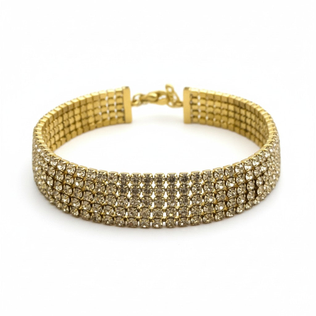 Radiant Rows bracelet ατσάλινο βραχιόλι tennis χρυσό με πολλαπλές σειρές ζιργκόν σε λευκό φόντο, So Cute by Dimi