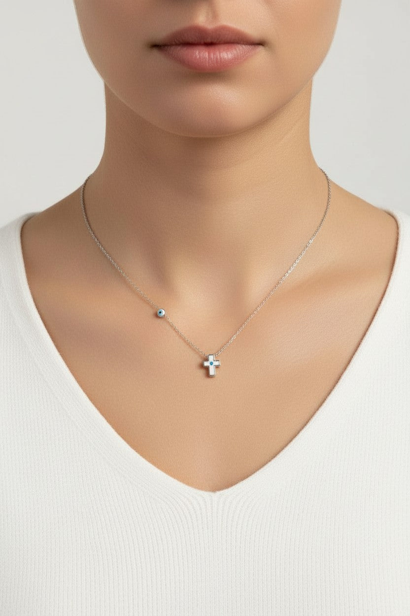 Mini Cross Eye Necklace – Ατσάλινο Κολιέ με Σμάλτο & Ματάκι | So Cute by Dimi