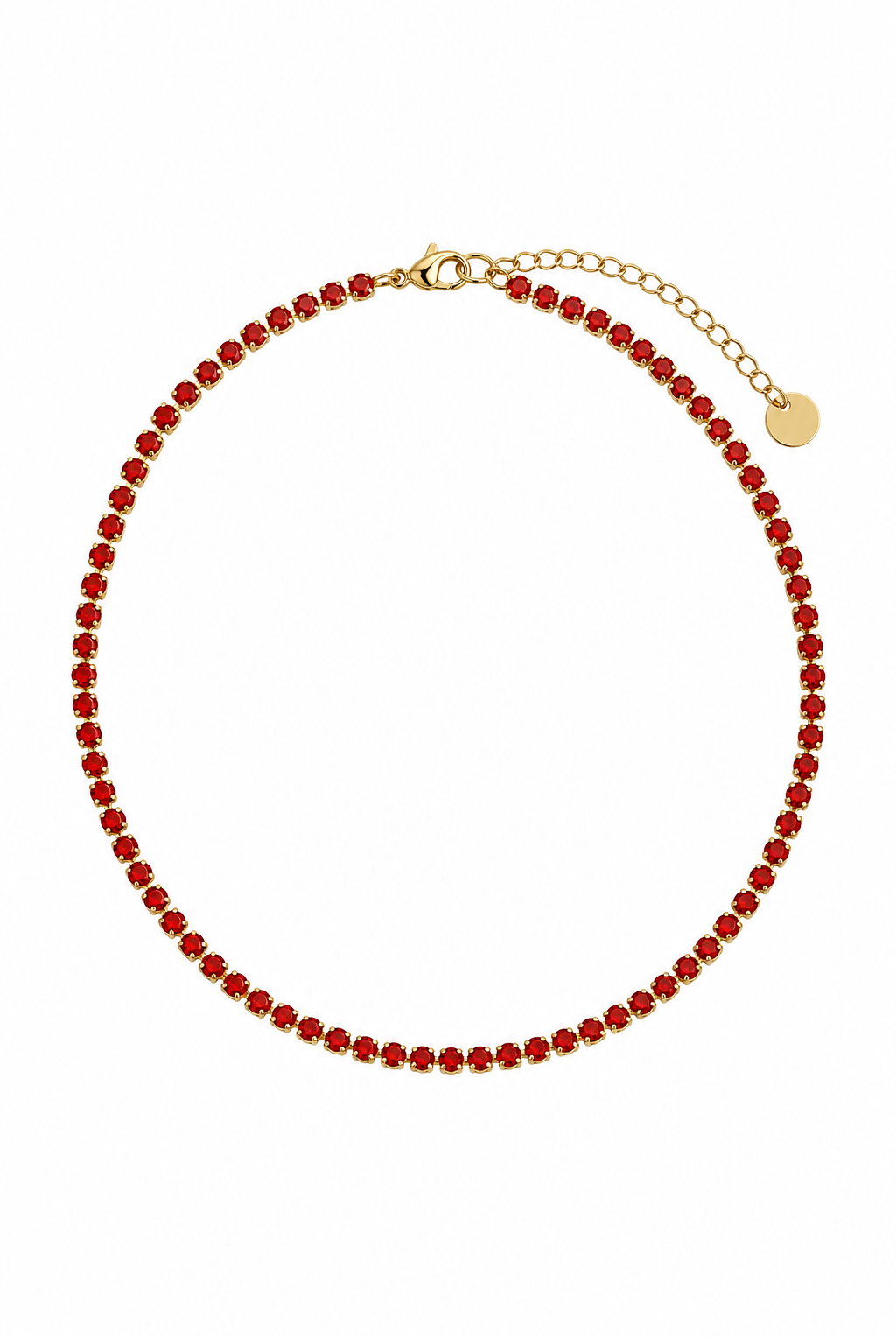 red zircon riviera necklace gold base white background