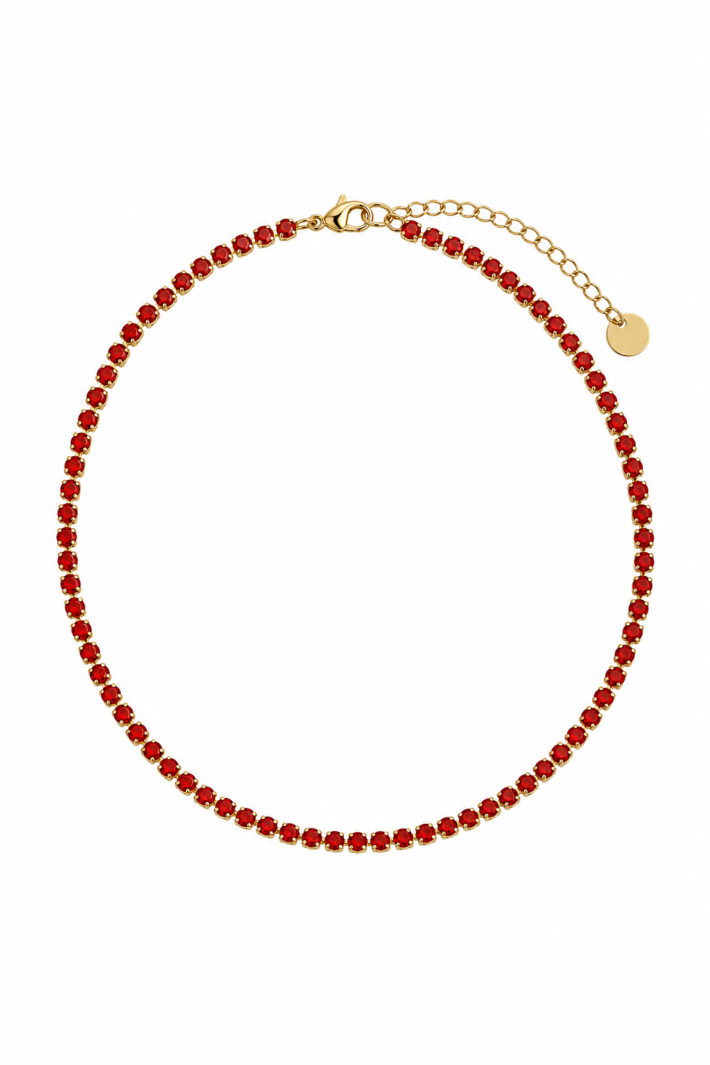 red zircon riviera necklace gold base white background