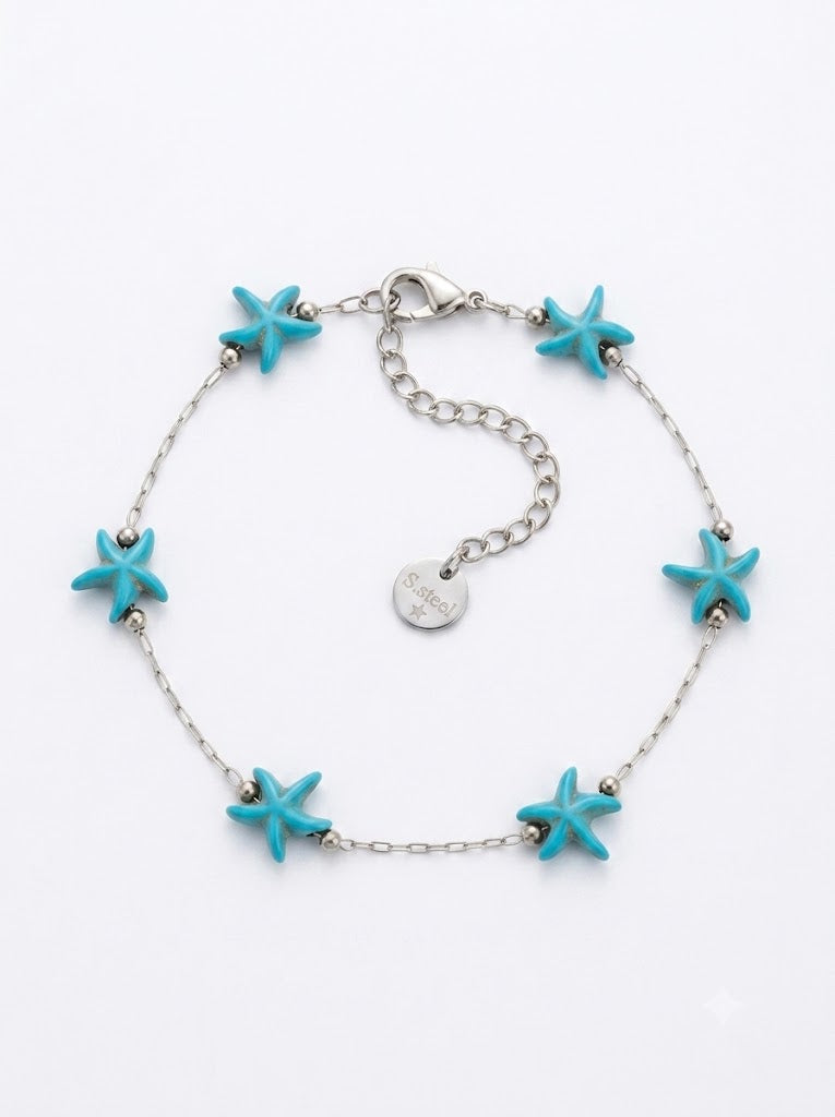 Salt & Sea Bracelet ατσάλινο βραχιόλι με τιρκουάζ αστερίες σε ασημί αλυσίδα