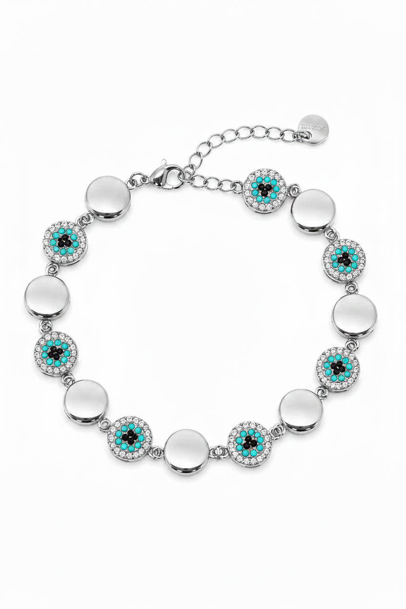 Ατσάλινο ασημί βραχιόλι με evil eye στοιχεία και zircon λεπτομέρειες σε λευκό φόντο by So Cute by Dimi