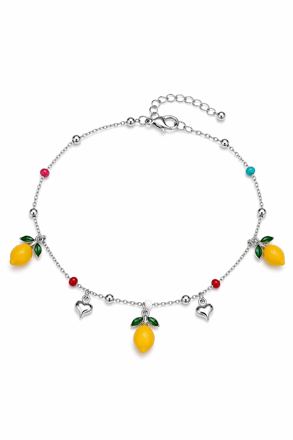 Silver stainless steel anklet with lemon charms on a white background, so cute by dimi