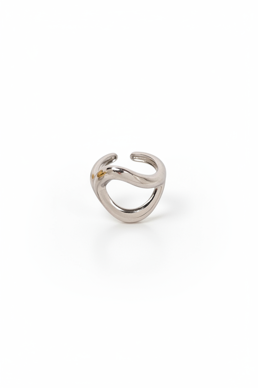 Staineless steel silver open ring on a white background, So Cute by DImi