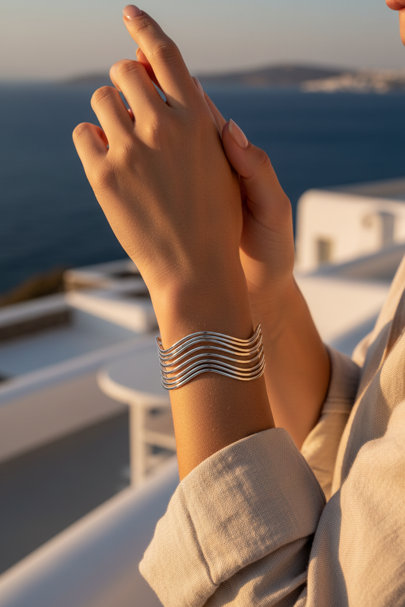 Silver stainless steel wave cuff bracelet open bangle minimalist statement bracelet