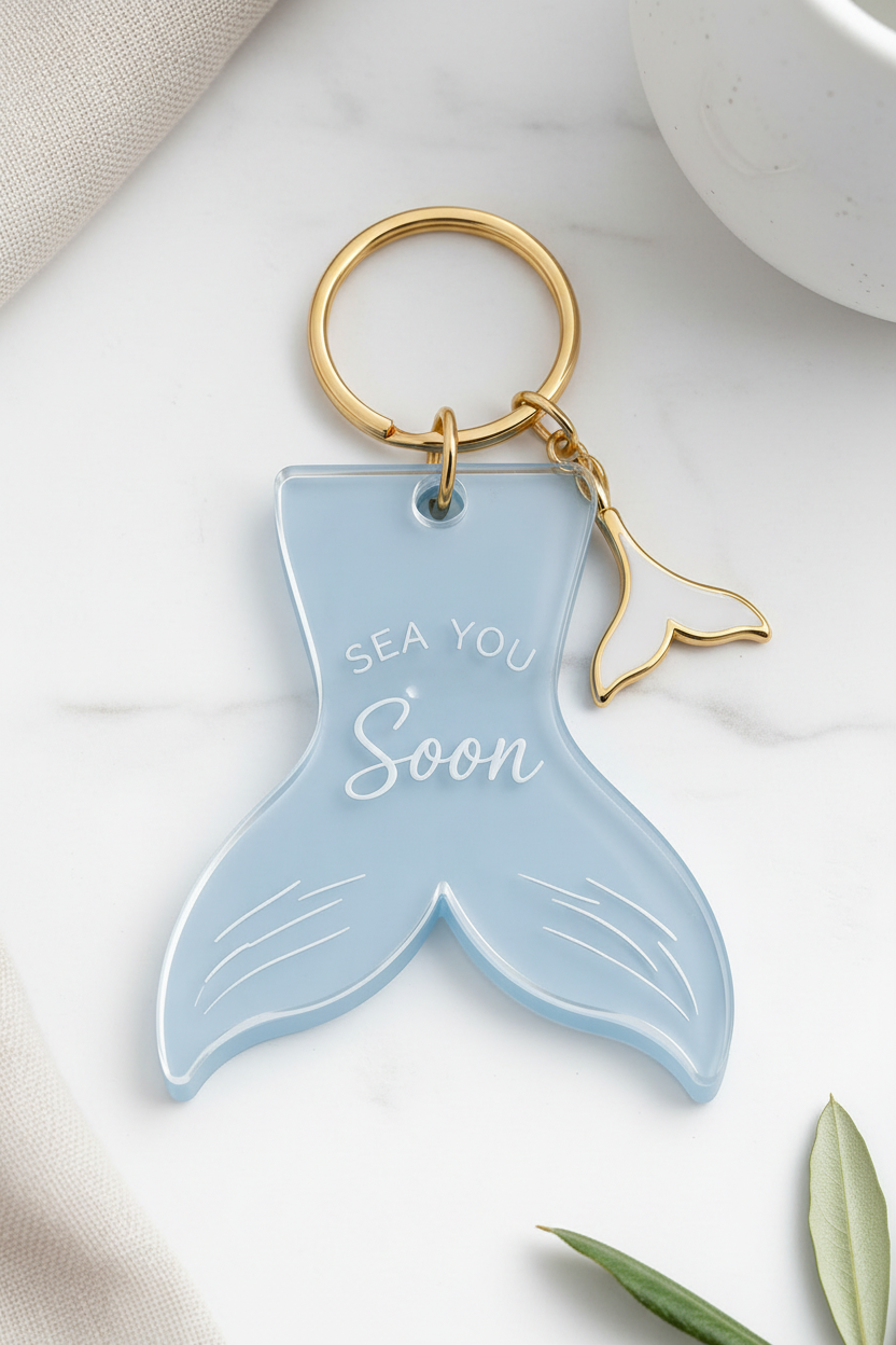 Blue whale tail keychain with 'Sea You Soon' text on a white surface.